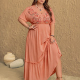 Coral Embroidered V Neck Maxi Dress (Plus)