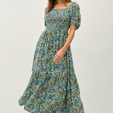 Smocked Bodice Floral Midi Dress