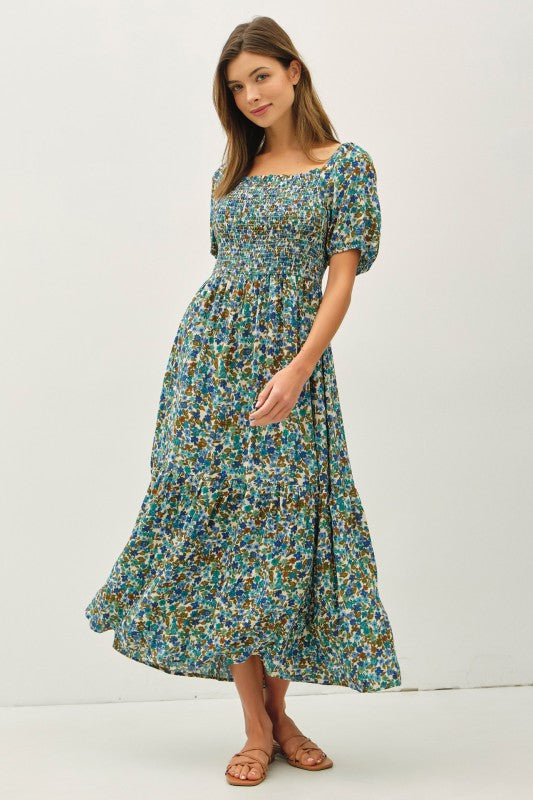 smocked bodice midi dress Smocked Bodice Floral Midi Dress BLUE / LARGE