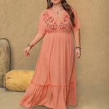 Coral Embroidered V Neck Maxi Dress (Plus)