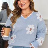 Fuzzy Floral V Neck Sweater (Plus)