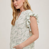 Leaf Print Ruffle Sleeve Blouse