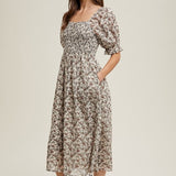 Puff Sleeve Floral Midi Dress