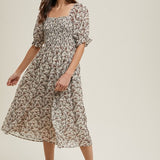 Puff Sleeve Floral Midi Dress