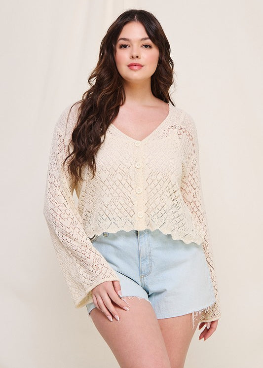 Scallop Hem Pointelle Cardigan (Plus)