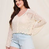 Scallop Hem Pointelle Cardigan (Plus)