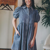 Washed Denim Puff Sleeve Dress