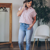 Pleated Back Striped Button Down