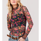 Floral Mesh Turtle Neck Top