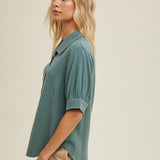 Contrast Stitch Puff Sleeve Blouse