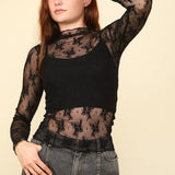 High Neck Sheer Mesh Lace Knit Top