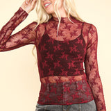 High Neck Sheer Mesh Lace Knit Top