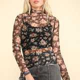 High Neck Sheer Mesh Lace Knit Top