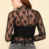 High Neck Sheer Mesh Lace Knit Top