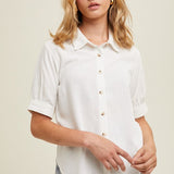 Contrast Stitch Puff Sleeve Blouse