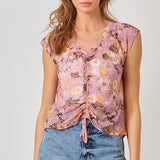 Front String Printed Mesh Top
