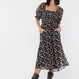 Puff Sleeve Floral Midi Dress