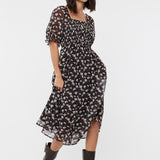 Puff Sleeve Floral Midi Dress