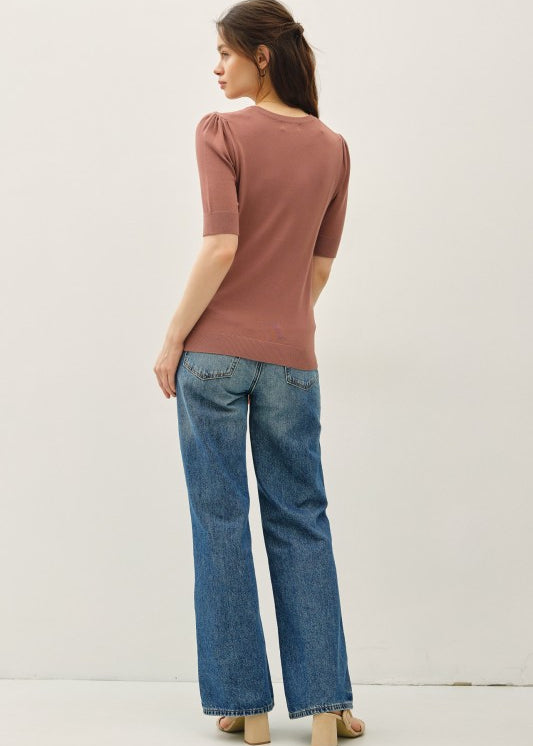 Shirred Short Sleeve Sweater Top