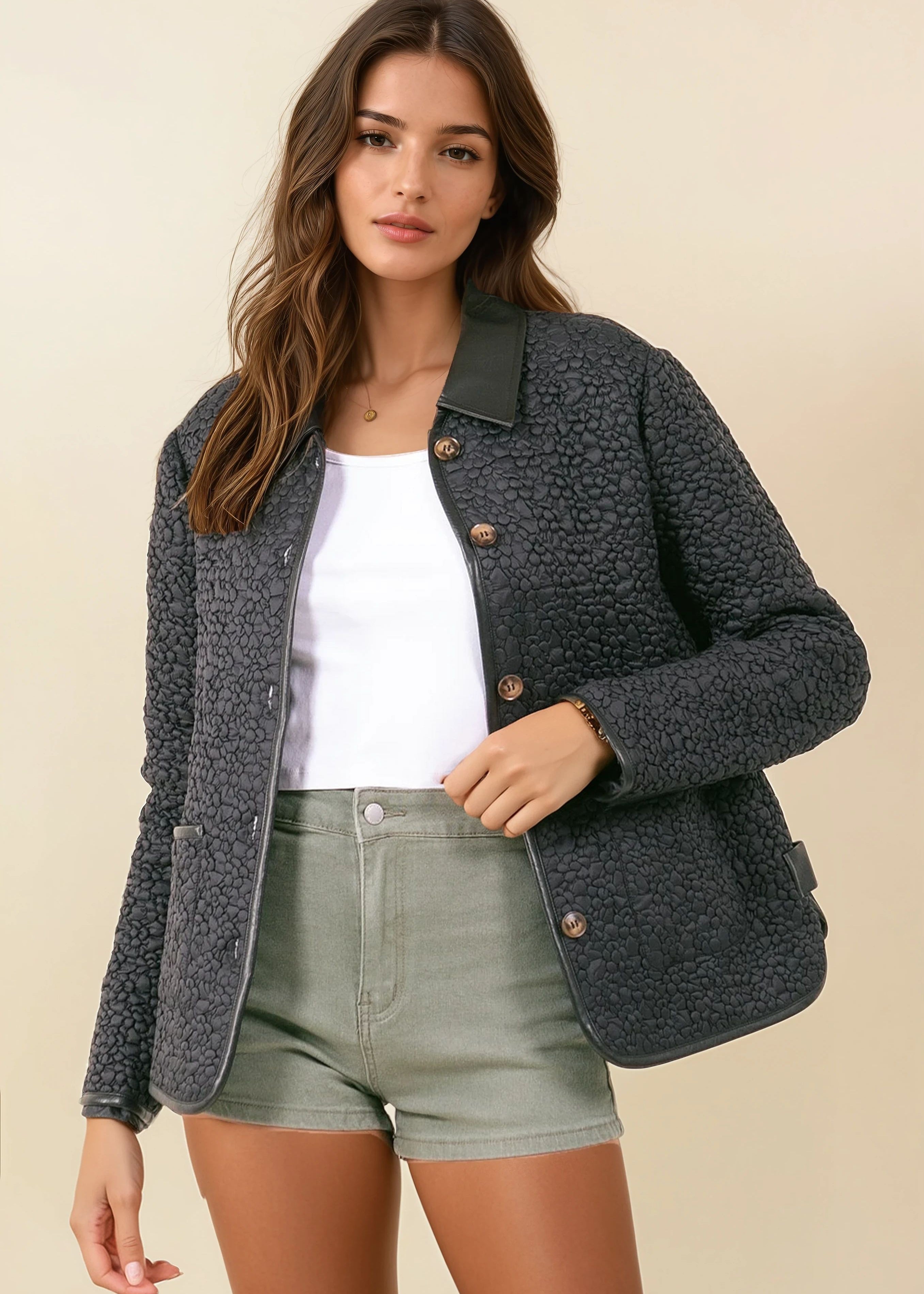 Contrast Collar Quilted Jacket