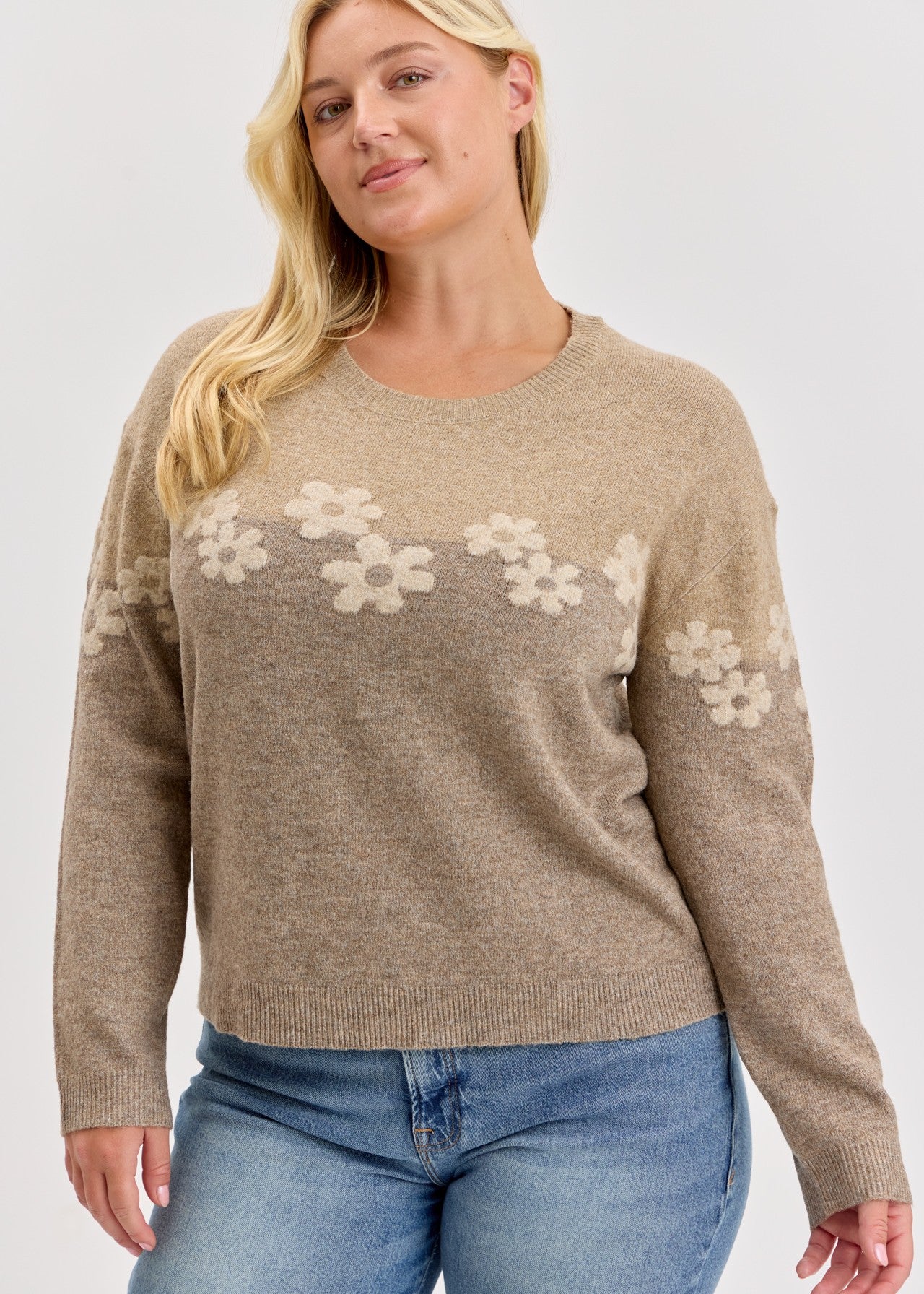 Color Block Floral Jacquard Sweater (Plus)