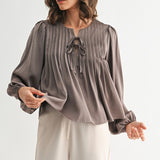 Pin Tuck Front Tie Blouse