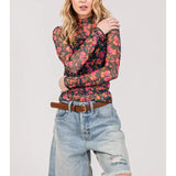 Floral Mesh Turtle Neck Top