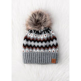 Gray, Brown & White Winter Pattern Pom Hat (Panache)