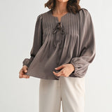 Pin Tuck Front Tie Blouse