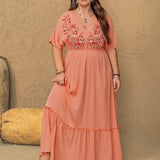 Coral Embroidered V Neck Maxi Dress (Plus)