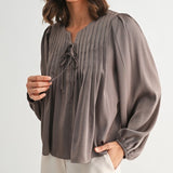 Pin Tuck Front Tie Blouse