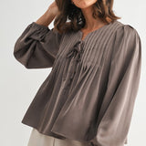 Pin Tuck Front Tie Blouse