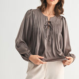 Pin Tuck Front Tie Blouse