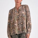 Paisley Print Bubble Sleeve Blouse