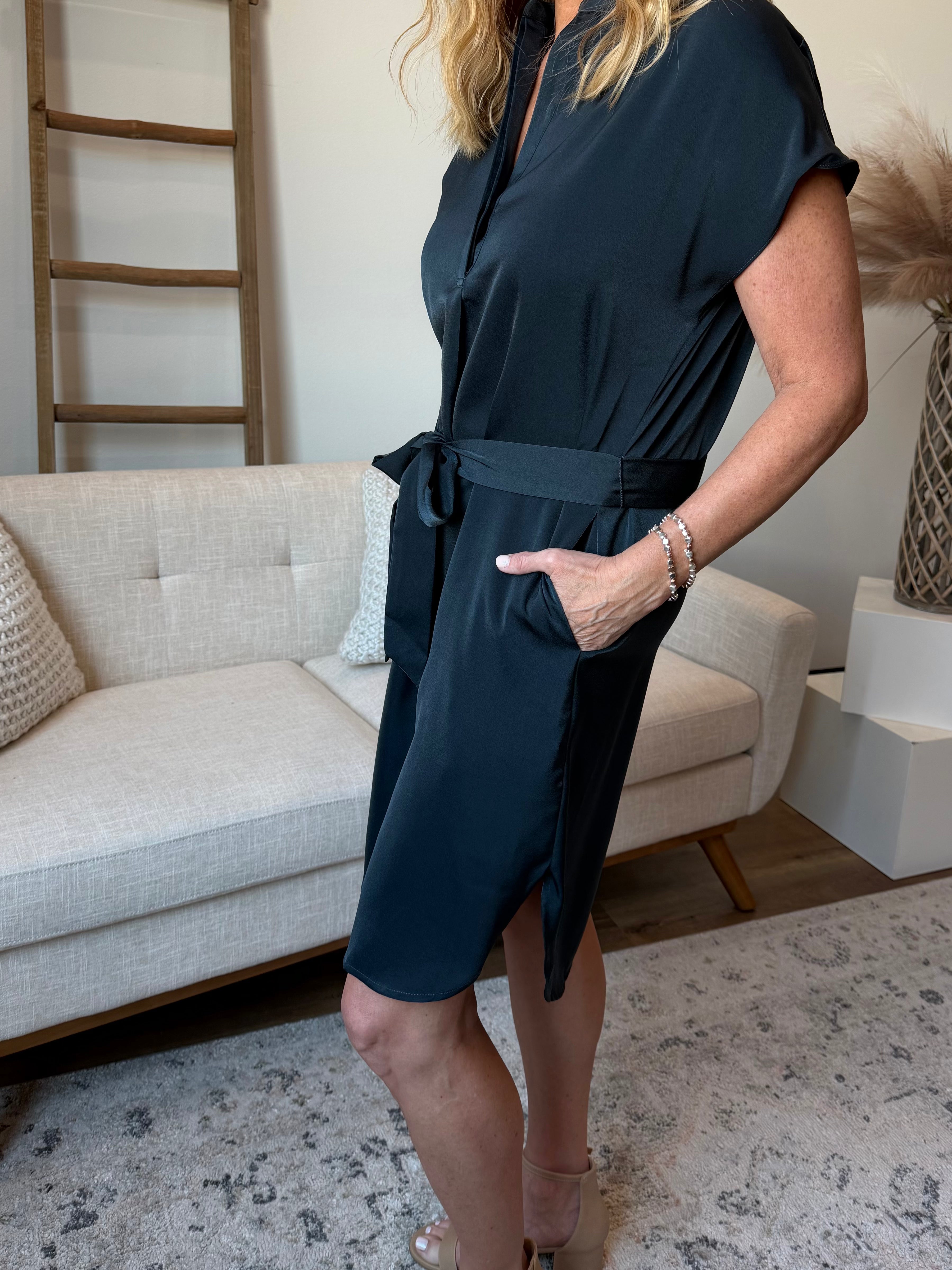 Self Tie Satin Midi Dress