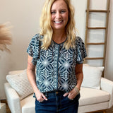 Flutter Sleeve Mix Print Button Front Woven Top (Liverpool)