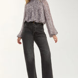 Long Sleeve Shirred Mock Neck Woven Top (Liverpool)