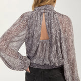 Long Sleeve Shirred Mock Neck Woven Top (Liverpool)