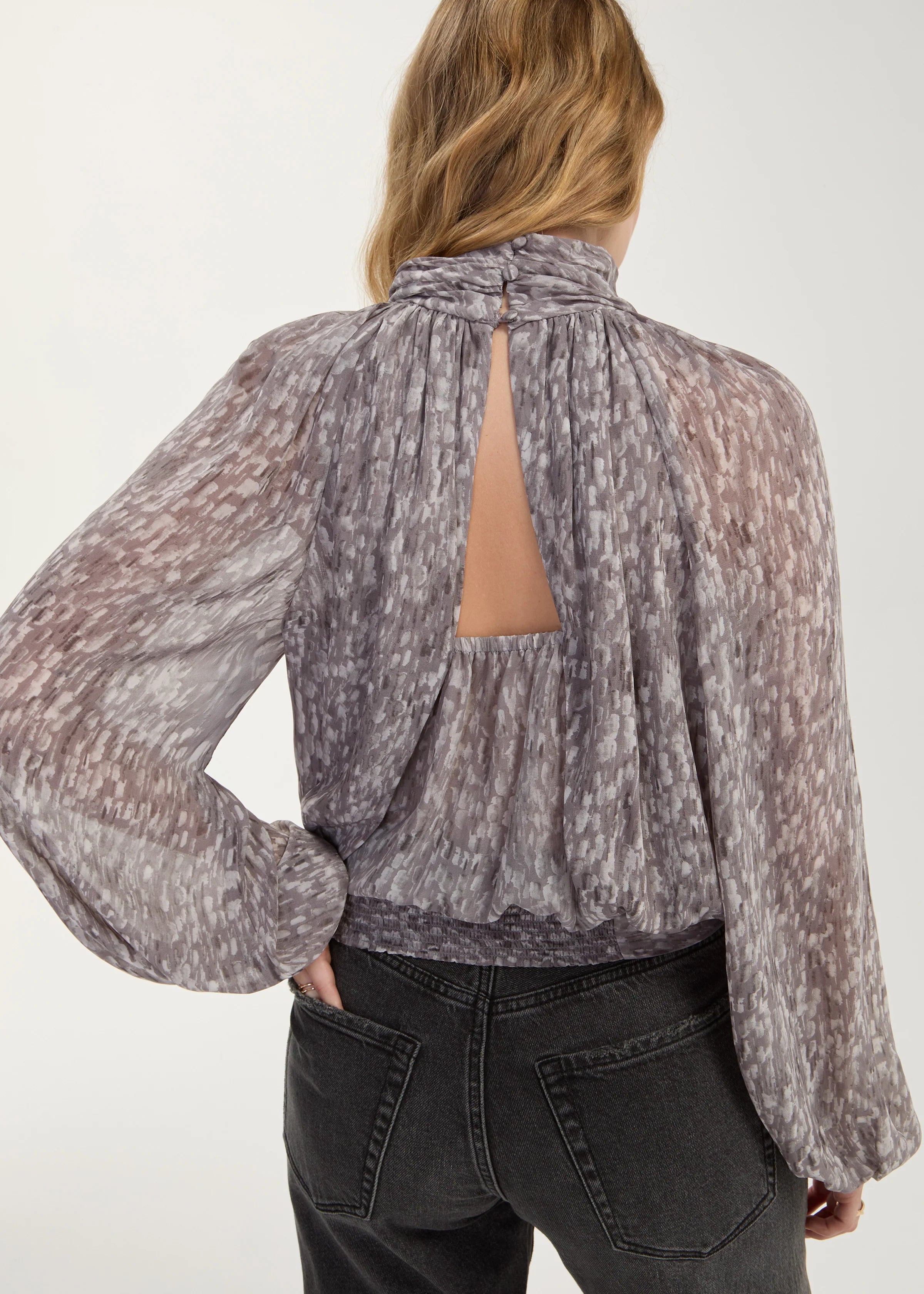 Long Sleeve Shirred Mock Neck Woven Top (Liverpool)