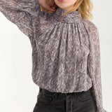Long Sleeve Shirred Mock Neck Woven Top (Liverpool)