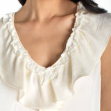 Ruffle Front Sleeveless Woven-to-knit Top (Liverpool)