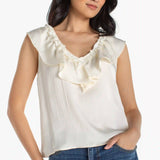 Ruffle Front Sleeveless Woven-to-knit Top (Liverpool)