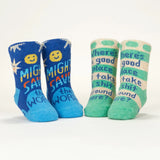 "Might Save the World/Place To Shit" Baby Socks (Blue Q)