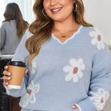 Fuzzy Floral V Neck Sweater (Plus)