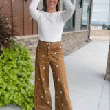 Embroidered Wide Leg Stretchy Pant
