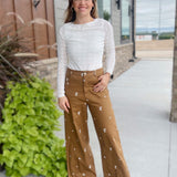 Embroidered Wide Leg Stretchy Pant