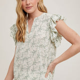 Leaf Print Ruffle Sleeve Blouse