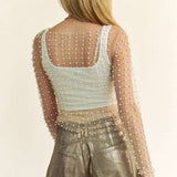 Bead & Pearl Embellished Mesh Top