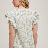 Leaf Print Ruffle Sleeve Blouse