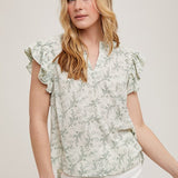 Leaf Print Ruffle Sleeve Blouse